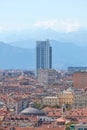 Intesa Sanpaolo bank skyscraper designed by Renzo Piano and Turin city rooftops view in a sunny day in Italy