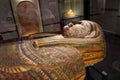 TURIN, ITALY - AUGUST 19, 2021: pharaoh sarcophagus wooden coffin and mummification during the Egyptian civilization, Egyptian