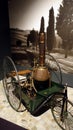 Turin, Italy - June 20, 2021: a view of an antique three-wheeled steam car at the Automobile Museum