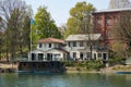 Cerea Rowing Club building and terrace with people, Po river in Piedmont, Turin, Italy Royalty Free Stock Photo