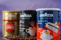 TURIN, ITALY - 2 May 2019: Lavazza Coffee Jar on the Violet Background. Different kind and taste of Lavazza Coffee in Package,