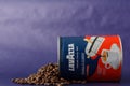 TURIN, ITALY - 2 May 2019: Lavazza Coffee Jar on the Violet Background. Different kind and taste of Lavazza Coffee in Package,