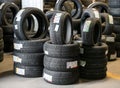 Winter tires on display at the tire dealer