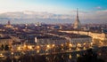 Turin, Italy. Panorama from Monte dei Cappuccini Cappuccini`s Hill at sunset with Alps mountains and Mole Antonelliana