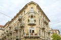 Art Nouveau building architecture corner with floral decorations in Turin, Italy