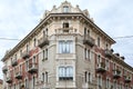 Art Nouveau building architecture facade with floral decorations in Turin, Italy