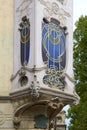 Art Nouveau building villa Fenoglio Lafleur bow window detail with floral decorations in Turin