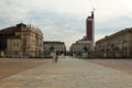 Turin, Italy - september 2020: panoramic view of Castello Square and Rome street from the courtyard of the royal palace