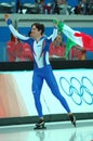 Turin 2006 Olympic Winter Games, Oval Lingotto Speed Skating 1500 mt, Fabris Enrico Ita celebrates first place at the finish of Royalty Free Stock Photo