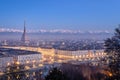 Turin, panorama at blue hour with Mole Antonelliana Piazza Vittorio