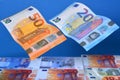 Close up of two flying Euros banknotes on a background of Euros banknotes Royalty Free Stock Photo