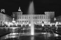 Turin, Piedmont, Italy. Night view of a fountain in piazza castello in black and white Royalty Free Stock Photo