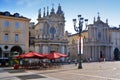 Turin, Piedmont/Italy - 07/08/2018- San Carlo square and the twins church.