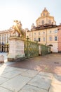 Turin, Piedmont, Italy, 06 September 2017. Real Chiesa di San Lorenzo and bronze Statue of Castor, in Turin