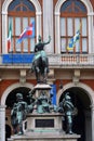 Turin, Piedmont/Italy -04/20/2019- Turin the equestrian statue of Carlo Alberto of Savoy and the Risorgimento Museum on background