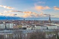 Turin skyline at dusk, Torino, Italy, panorama cityscape with the Mole Antonelliana over the city. Scenic colorful light and drama Royalty Free Stock Photo