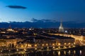 Turin skyline at dusk, Torino, Italy, panorama cityscape with the Mole Antonelliana over the city. Scenic colorful light and drama Royalty Free Stock Photo