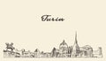 Turin skyline, Italy, hand drawn vector sketch