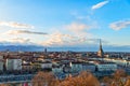 Turin skyline at sunset. Torino, Italy, panorama cityscape with the Mole Antonelliana over the city. Scenic colorful light and