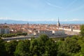 Turin skyline view and Mole Antonelliana tower seen from Cappuccini hill in a summer day in Italy