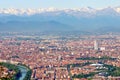 Turin Torino, aerial panorama, landscape of the city and Alps in wintertime, Italy.