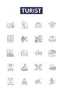 Turist line vector icons and signs. Vacationer, Voyager, Excursionist, Visitor, Explorers, Trekker, Pilgrim, Tripper