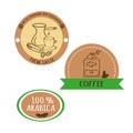 Turk coffee, coffee cup, grinder, cardamom and coffee beans. Labels for packaging.