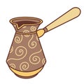 Turk colored vector icon. Hand drawn illustration isolated on white background. Metal pot with wooden handle for brewing coffee