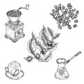 A turk, a cup of hot cappuccino, coffee beans, a coffee grinder and a branch of coffee. Coffee set. Illustrations in vintage style