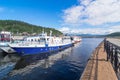 Turka village, Buryatia / Russia - September 1, 2020: a ship called Pilgrim stands on the pier of the tourist zone Baikal