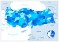 Turkey administrative map in blue colors