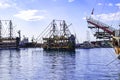 Antique vintage pirate ship for sea parties in Alanya Marina port. Authentic wooden schooner Royalty Free Stock Photo