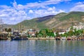 Alanya coastline with large tourist ships and boats in the water - view from the Mediterranean