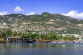 Alanya coastline with moored ships and sign I love Alanya on the mountainside. Beautiful