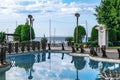 Pool in a public park against the background of Kleopatra Beach and the Mediterranean Sea in