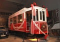 Turkey, Antalya, January 26, 2023. An old rare red tram decorated with ribbons and flowers