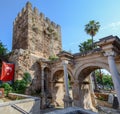 Turkey, Antalya, May 10, 2018. Hadrian`s Gate panorama. Ancient construction in the old town in Antalya