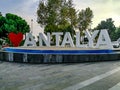 Sign I love Antalya on the city square. Red heart and white letters on the background of a Royalty Free Stock Photo