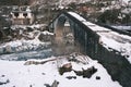 Turkey, Artvin, cifte kopru, Stone made bridge at winter, snow covers the bridge at winter.