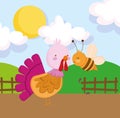 Turkey and bee wooden fence grass sun farm animal cartoon Royalty Free Stock Photo