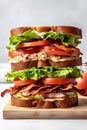 Turkey BLT sandwiches stacked on white background, generative AI