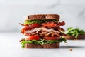 Turkey BLT sandwiches stacked on white background, generative AI