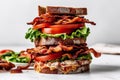 Turkey BLT sandwiches stacked on white background, generative AI