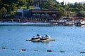 Turkey, Bodrum, October 2020. Beautiful seascape. Two catamarans against the backdrop of mountains on a bright sunny day. Royalty Free Stock Photo