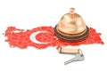 Turkey booking concept. Turkish flag with hotel key and reception bell, 3D rendering Royalty Free Stock Photo