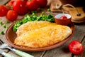 Turkey breast chops cutlets with cheese crust and fresh vegetable Royalty Free Stock Photo