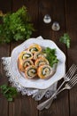 Turkey breast roll with couscous and spinach. Healthy food. Royalty Free Stock Photo