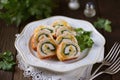 Turkey breast roll with couscous and spinach. Healthy food. Royalty Free Stock Photo