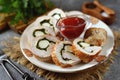 Turkey breast roll with scrambled eggs, spinach and mozzarella. Royalty Free Stock Photo