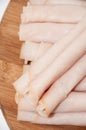 Turkey breasts rolled served on the wooden board Royalty Free Stock Photo